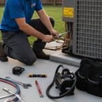 Technician installing new energy-efficient HVAC unit in a suburban home, professional tools visible.