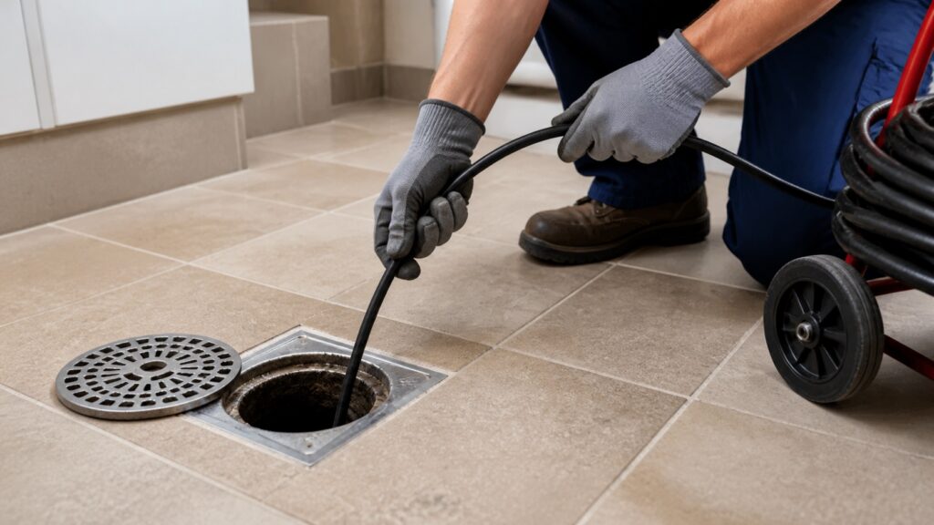 Technician cleaning a floor drain with a drain snake cable