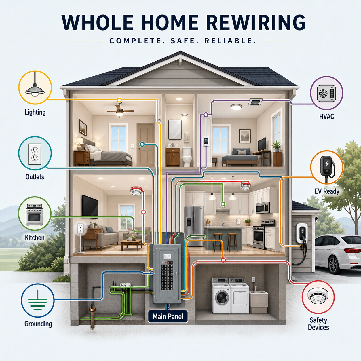 Whole home rewiring diagram showing main panel, lighting, outlets, kitchen, HVAC, EV-ready circuit, grounding, and safety devices.