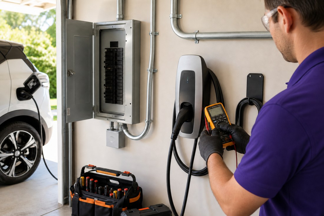 Licensed electrician testing a Level 2 EV charger installation beside a home electric panel.