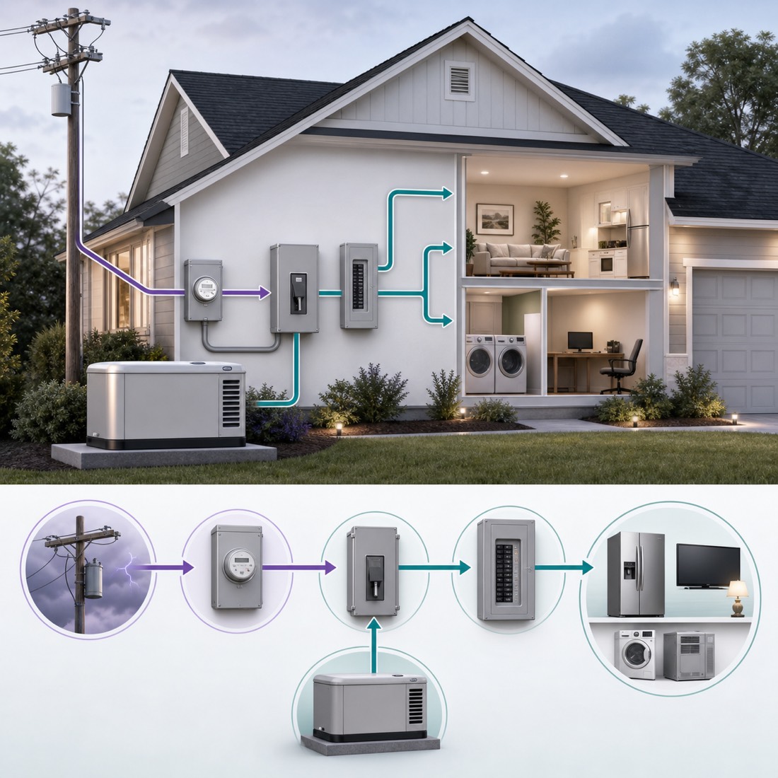 Whole-home generator installation with automatic transfer switch in Pleasanton CA