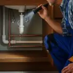 A plumber checks under a sink with a flashlight for small leaks.