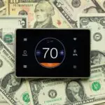 thermostat set at 70 degrees with us dollars in the background