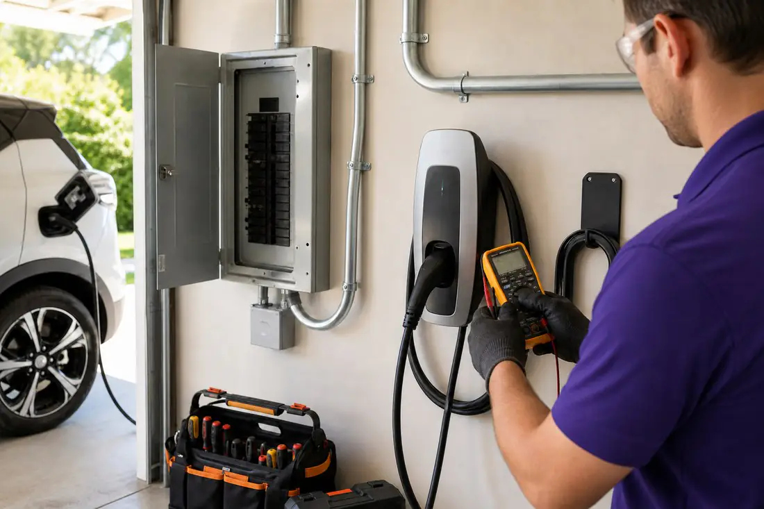 Licensed electrician testing a Level 2 EV charger installation beside a home electric panel.